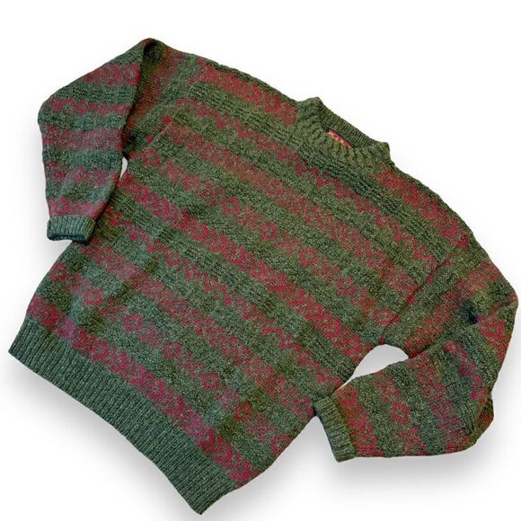 Jos. A. Bank Vintage 80s Men’s Chunky Heavy Knit Wool Green Red Sweater - Size L - Picture 2 of 6